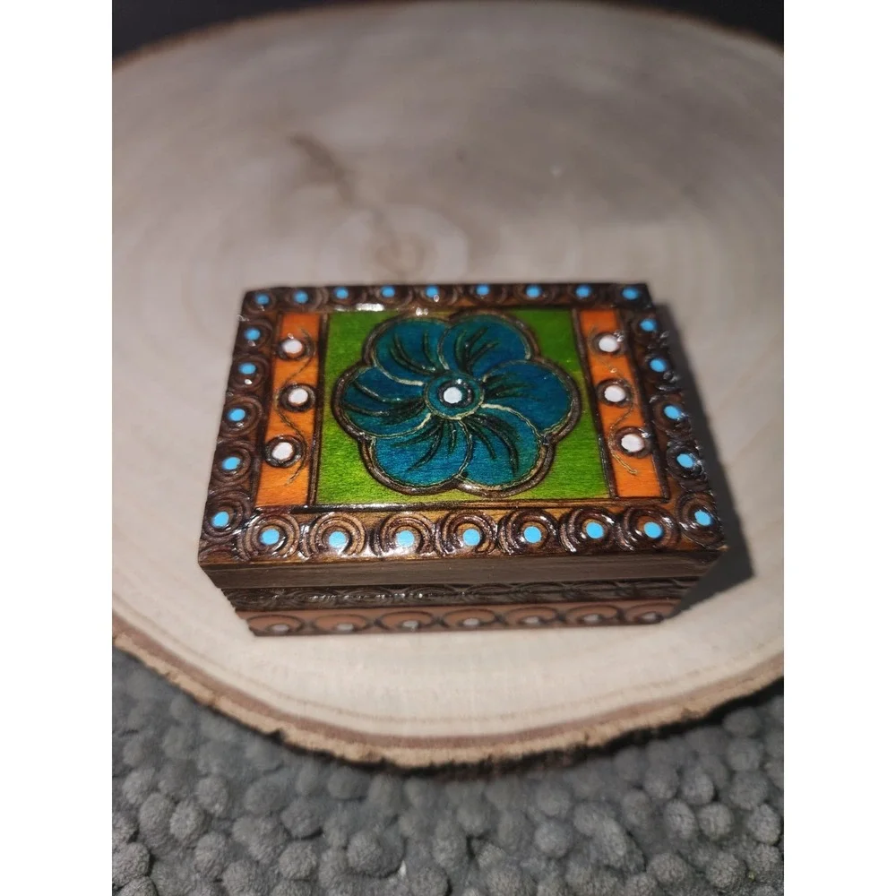 Polish Hand Made Painted/Carved~Burnt Details- Wooden Trinket‎ Box Blue Flower